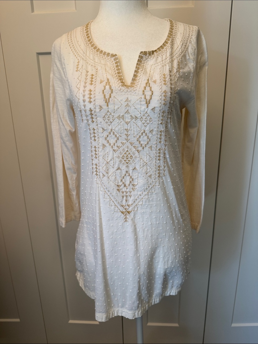 Eddie Bauer Cream Tunic with Gold Embroidery